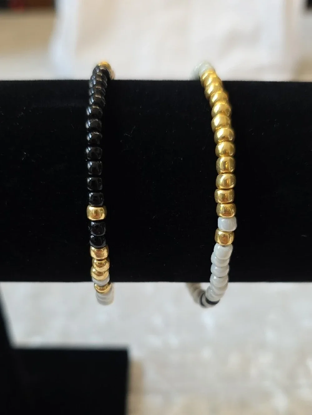 Gold Accent Black & White Beaded Bohemian, Colorblock Bracelet Set